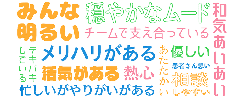 みんな明るい、穏やかなムード、和気あいあい、チームで支え合っている、メリハリがある、あたたかい、優しい、患者さん想い、相談しやすい、忙しいがやりがいがある、活気がある、熱心、テキパキしている